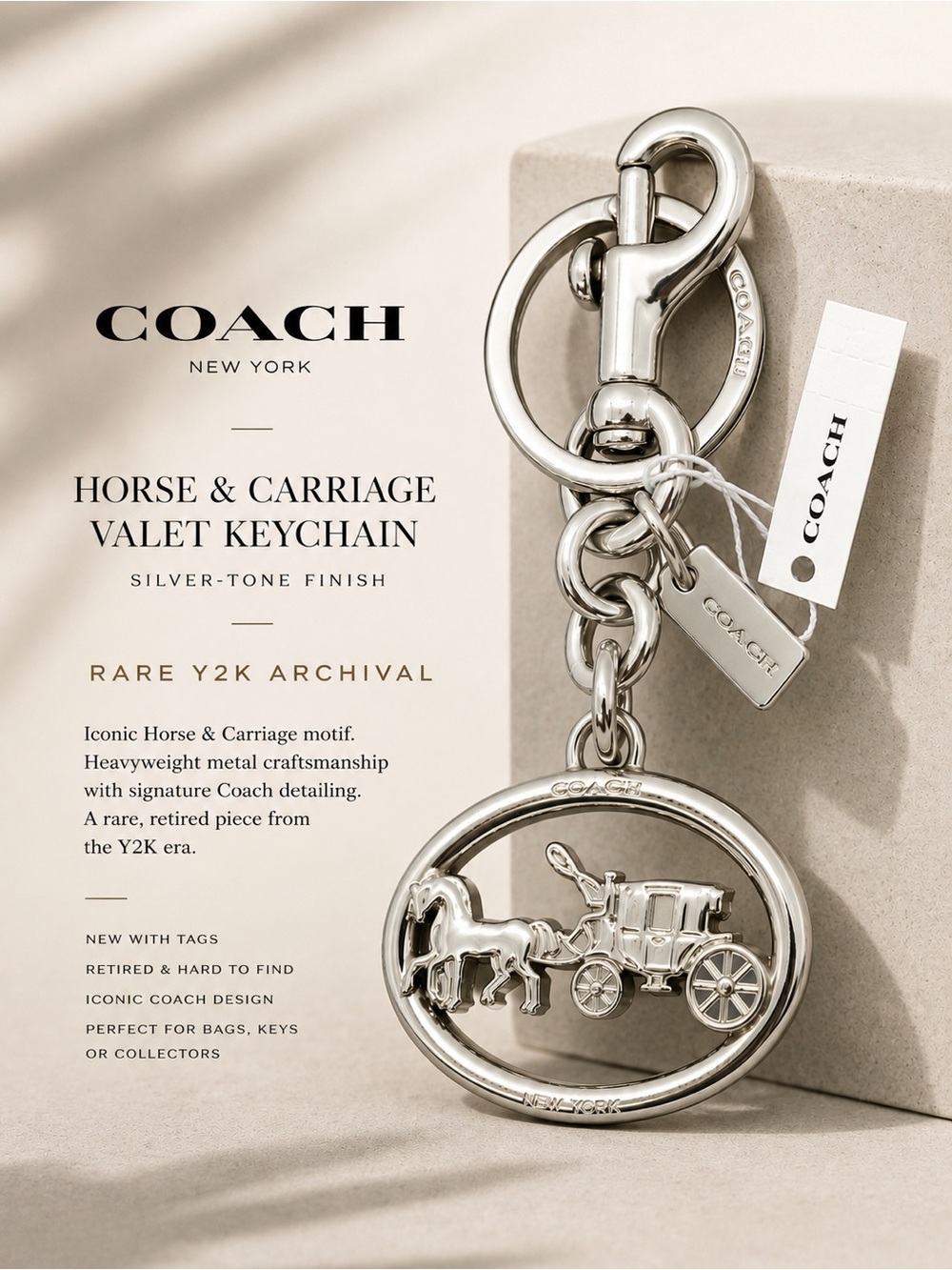 Coach Horse Carriage Valet Keychain Bag Charm NWT Silver Retired - rare